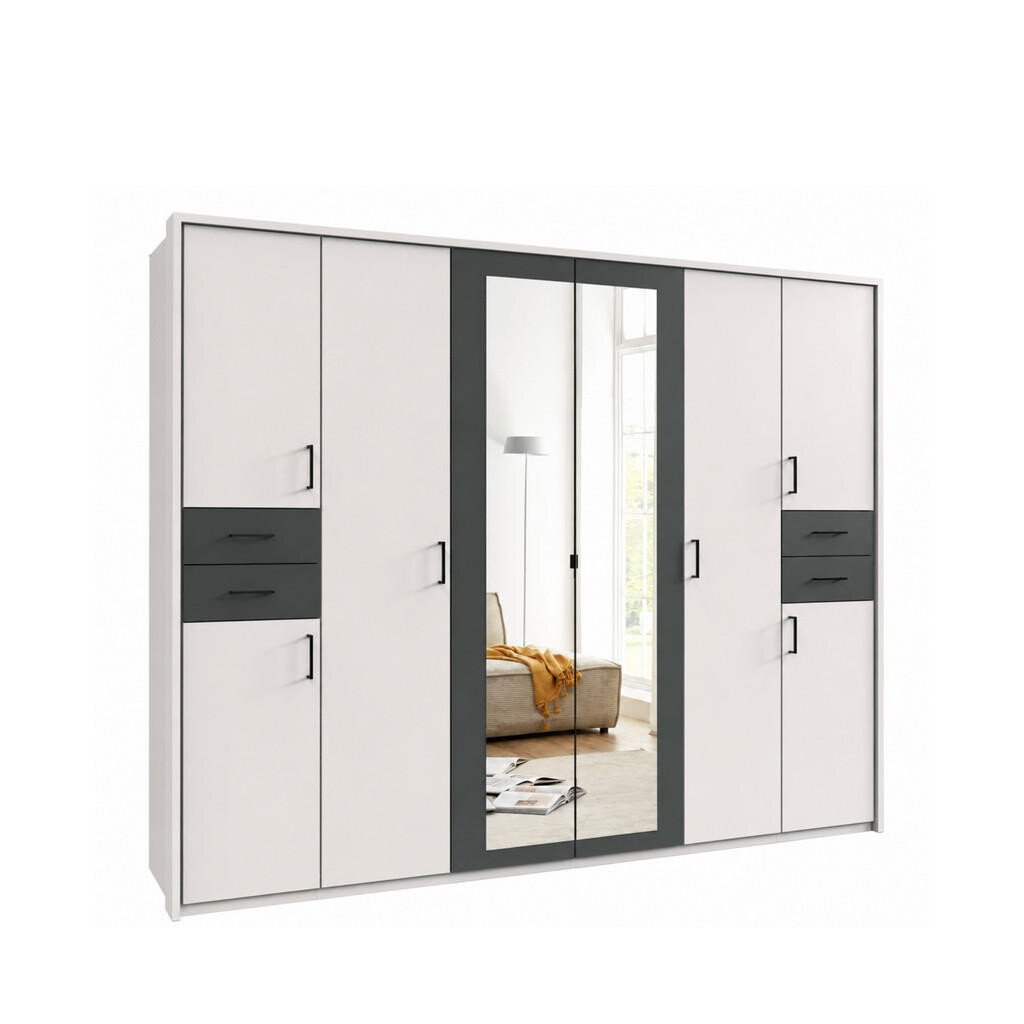 luma-home SKŘÍŇ S OTOČNÝMI DVEŘMI Š273/V210/H58 cm, bílá s grafitovými akcenty, s paspartou, 2 zrcadlovými dveřmi a zásuvkami, černé úchytky / 22578