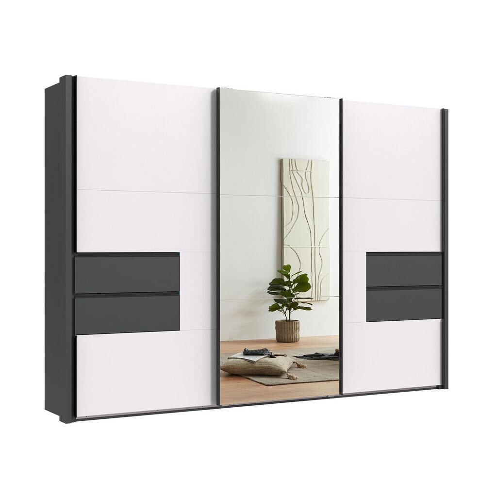 luma-home SKŘÍŇ S POSUVNÝMI DVEŘMI, 3dveřová, 312 × 216 × 65 cm (Š×V×H), korpus/rámeček/zásuvky v barvě grafit, dveře bílé/zrcadlové / 22063