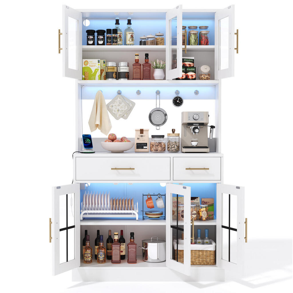 Redom KUCHYŇSKÝ buffet 180/100 cm s LED osvětlením ovládaným aplikací, 6 dvířky, 2 zásuvkami a nastavitelnými policemi, MDF, Bílá
