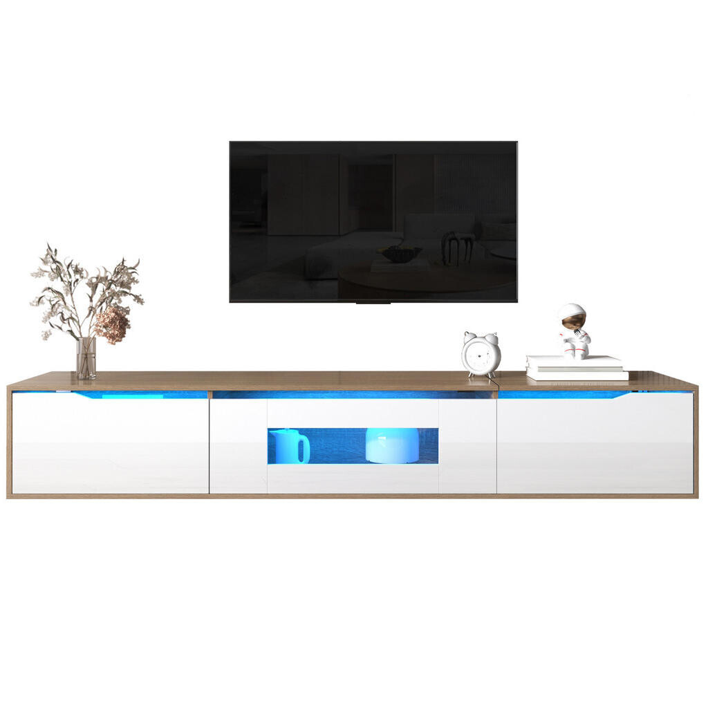 Redom TV stolek 180/35/30 cm s LED osvětlením, vysokým leskem a drážkovanými dvířky, Bílá