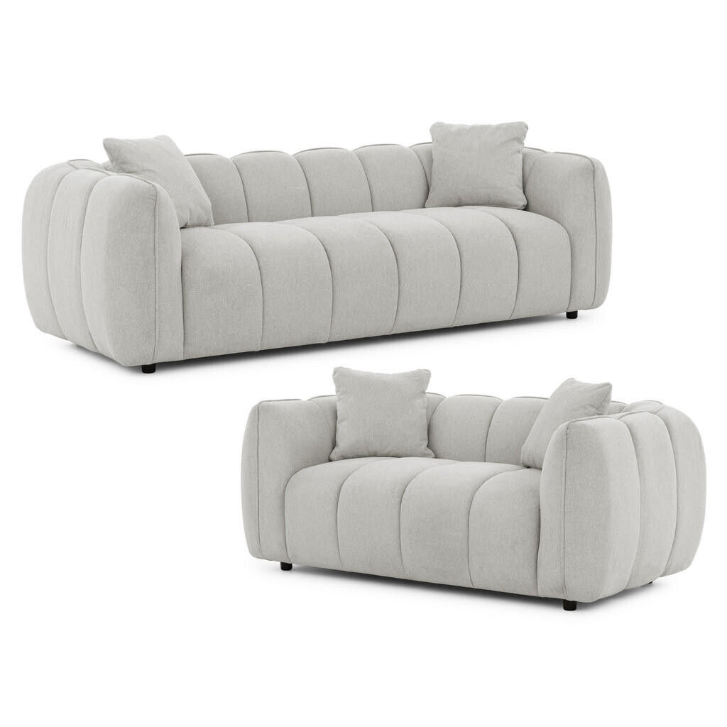 S-Style SEDACÍ SOUPRAVA 3+2 Nubira v hluboce prošívaném designu Bubble z měkké strukturované látky ve světle šedé barvě s moderním vzhledem