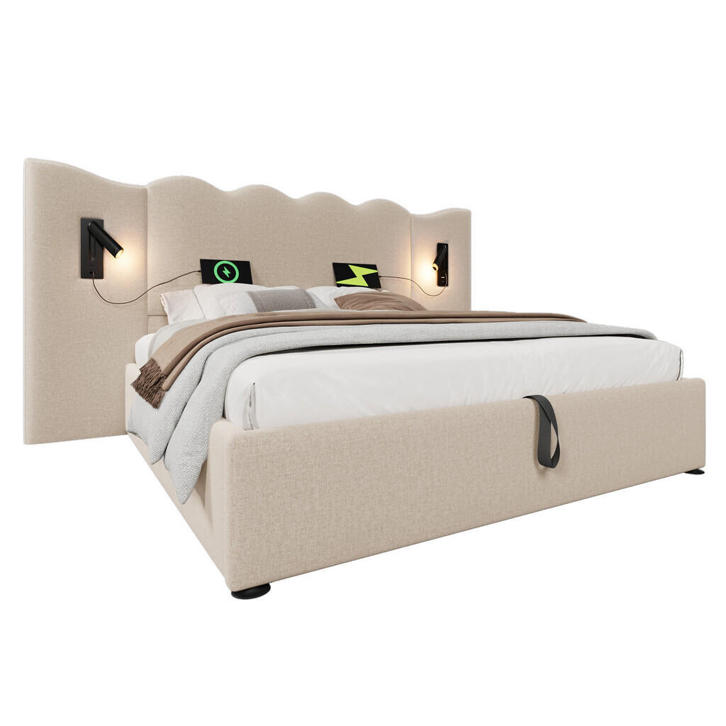WISHDOR ČALOUNĚNÁ POSTEL 160 × 200 cm v béžovém lnu s úložným prostorem, lampičkou na čtení a USB/USB-C