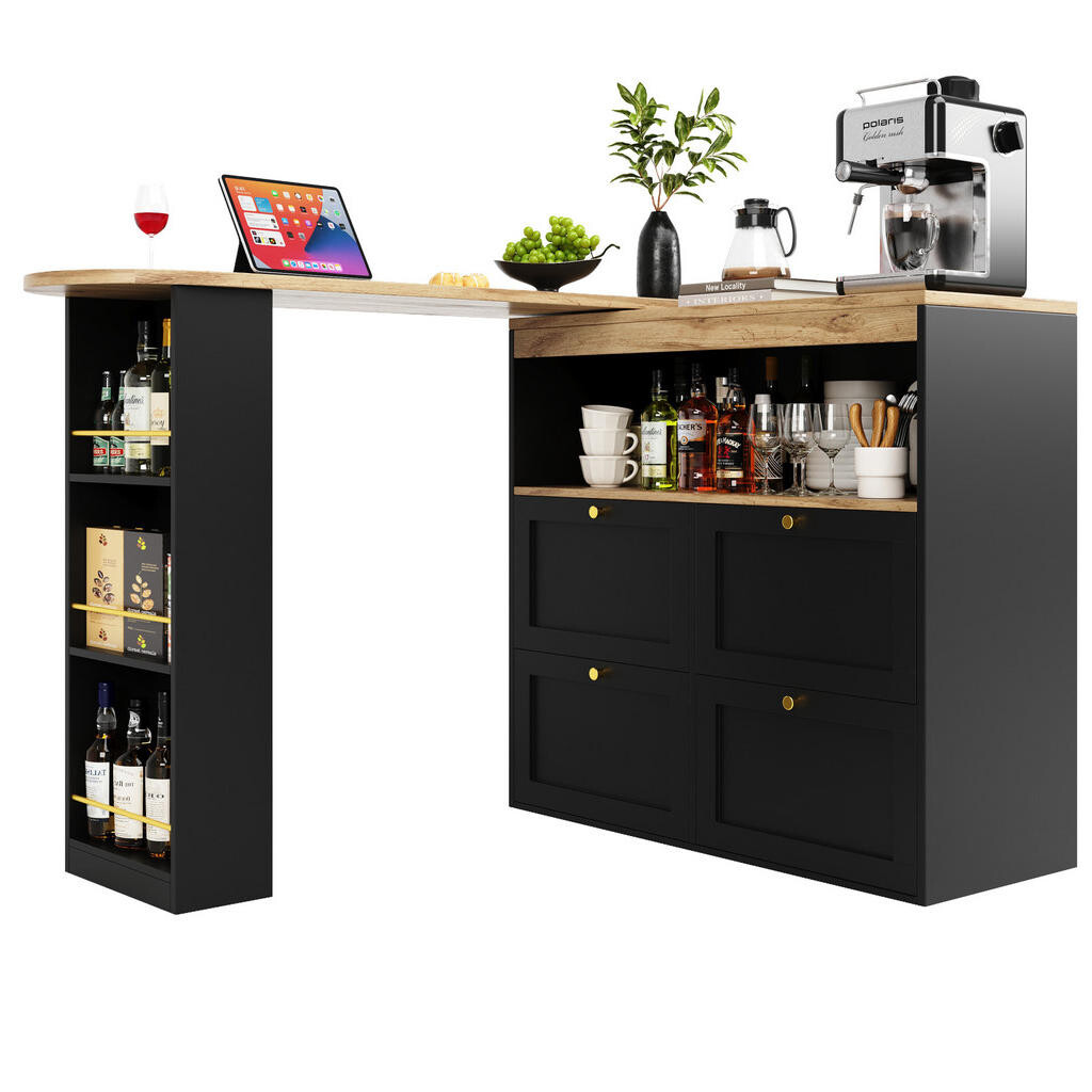 Redom BAROVÝ stůl 138/39/104 cm s 360° otočným regálem, 4 zásuvkami a otevřenými policemi z MDF, Černá