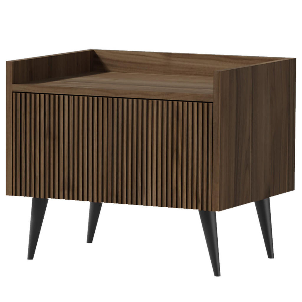 Beautysofa NOČNÍ STOLEK Amfali s 1 dveřmi, drážkovaná čela, systém Push-to-open, kovové nohy, 52 cm, ořechová barva