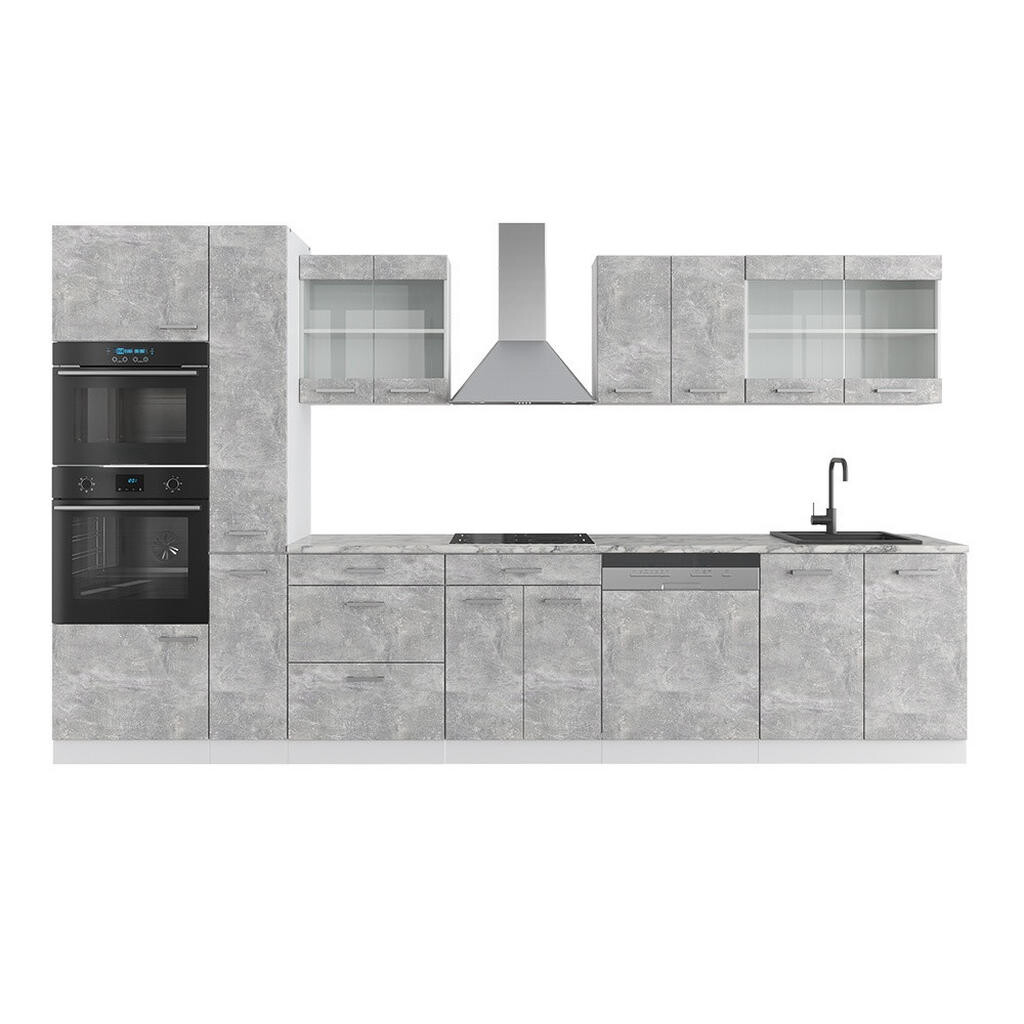 Vicco KUCHYŇSKÝ KOUT R-Line Beton/bílá 350 cm s vysokou skříní, bez pracovní desky