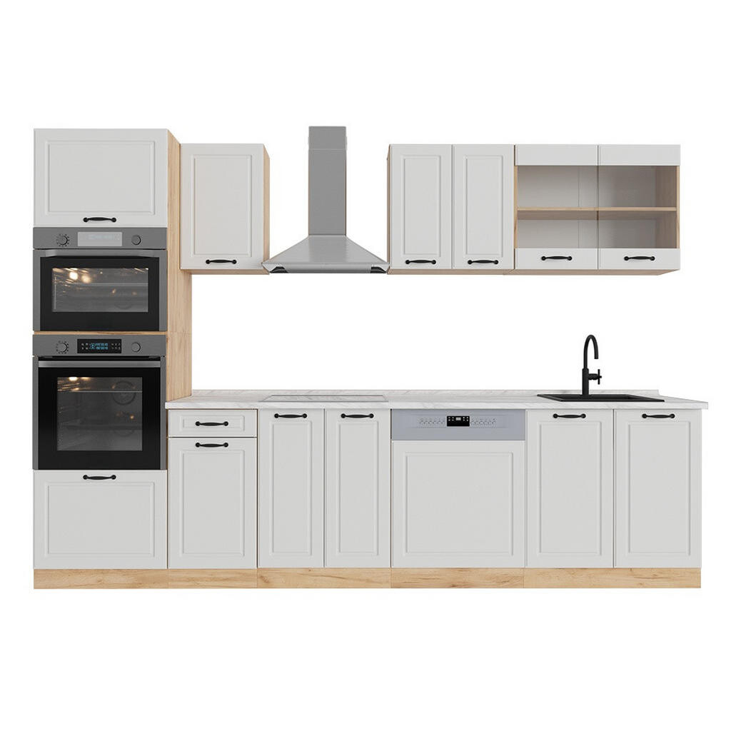 Vicco KUCHYŇSKÝ KOUT R-Line Bílý venkovský dům/zlatý dub 300 cm s vysokou skříní, PD Mramor