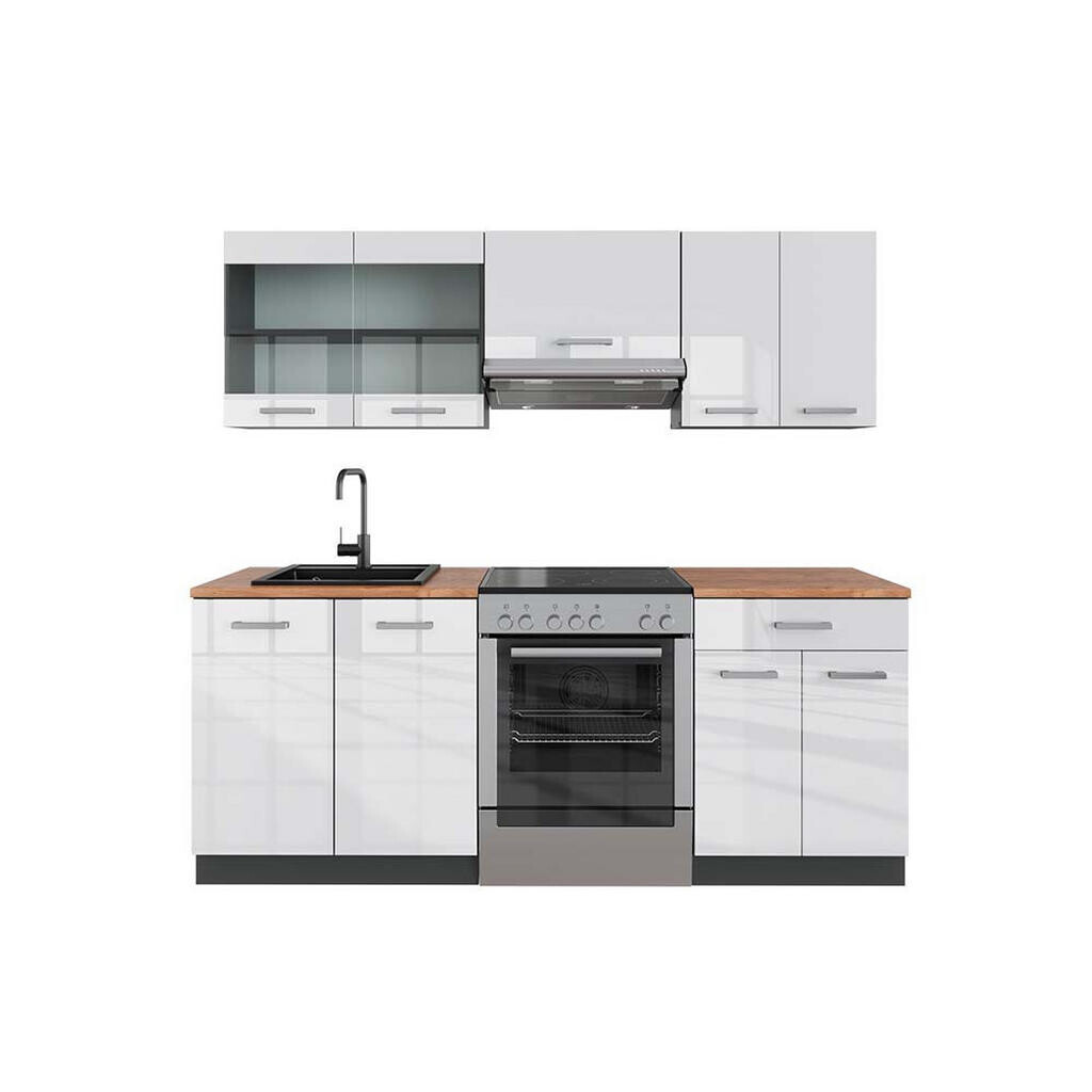Vicco KUCHYŇSKÝ KOUT R-Line Bílý vysoký lesk/antracit 200 cm , PD Dub