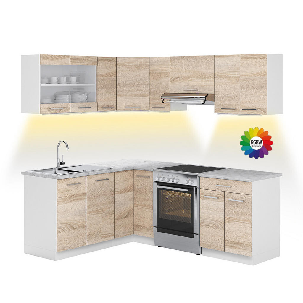 Vicco ROHOVÁ KUCHYŇSKÁ LINKA R-Line, Sonoma/Bílá, 207 x 167 cm s pracovní deskou s páskem LED