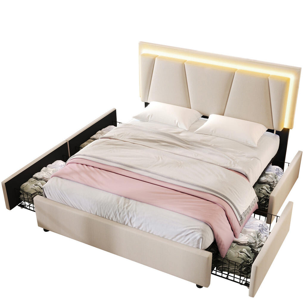 OKWISH POSTEL s úložným prostorem 160/200 cm béžová z lnu a dřeva s LED osvětlením a nastavitelným čelem