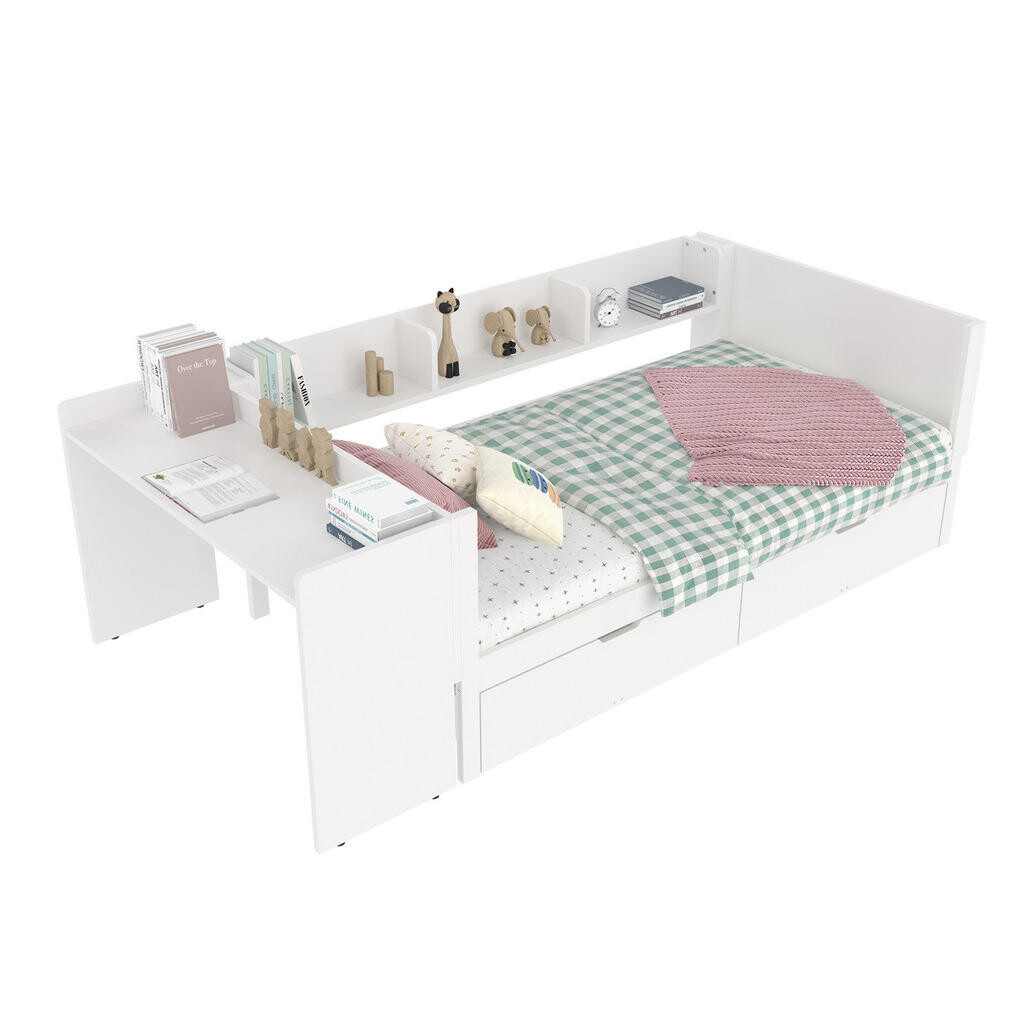 OKWISH JEDNOLŮŽKOVÁ postel 90/200 cm bílá/růžová z borovice s psacím stolem a 2 zásuvkami