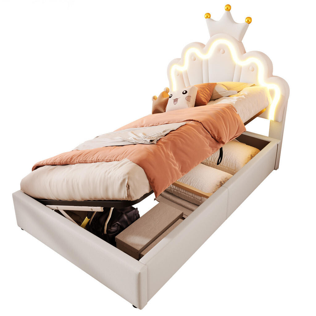 Redom ČALOUNĚNÁ postel 90x200 cm s LED osvětlením, hydraulickým úložným prostorem a nastavitelným čelem, Bílo-růžová