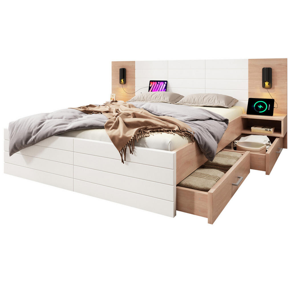 Redom POSTEL 140/200 cm s čtecím světlem, USB nabíjením a úložným prostorem, Bílá/Dubový dekor