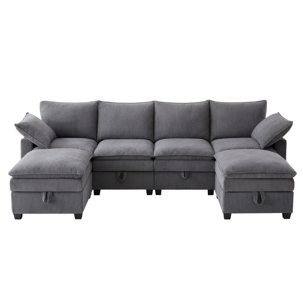 Redom MODULÁRNÍ rohová pohovka 280/151/82 cm s USB, úložným prostorem a 2 taburety, manšestr, Šedá