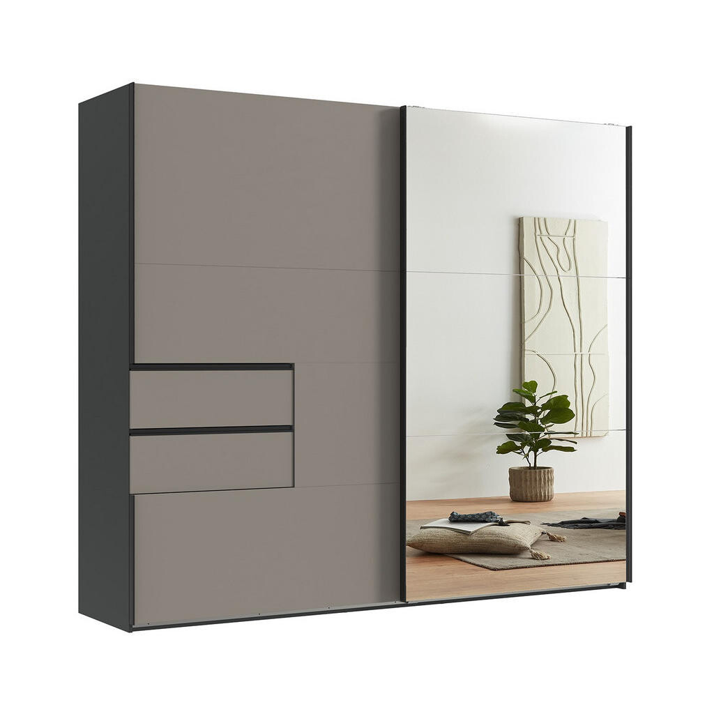 luma-home SKŘÍŇ S POSUVNÝMI DVEŘMI, 2dveřová, 250 × 216 × 65 cm (Š×V×H), korpus v barvě grafit, dveře a zásuvky v barvě pískově šedé / zrcadlové / 220