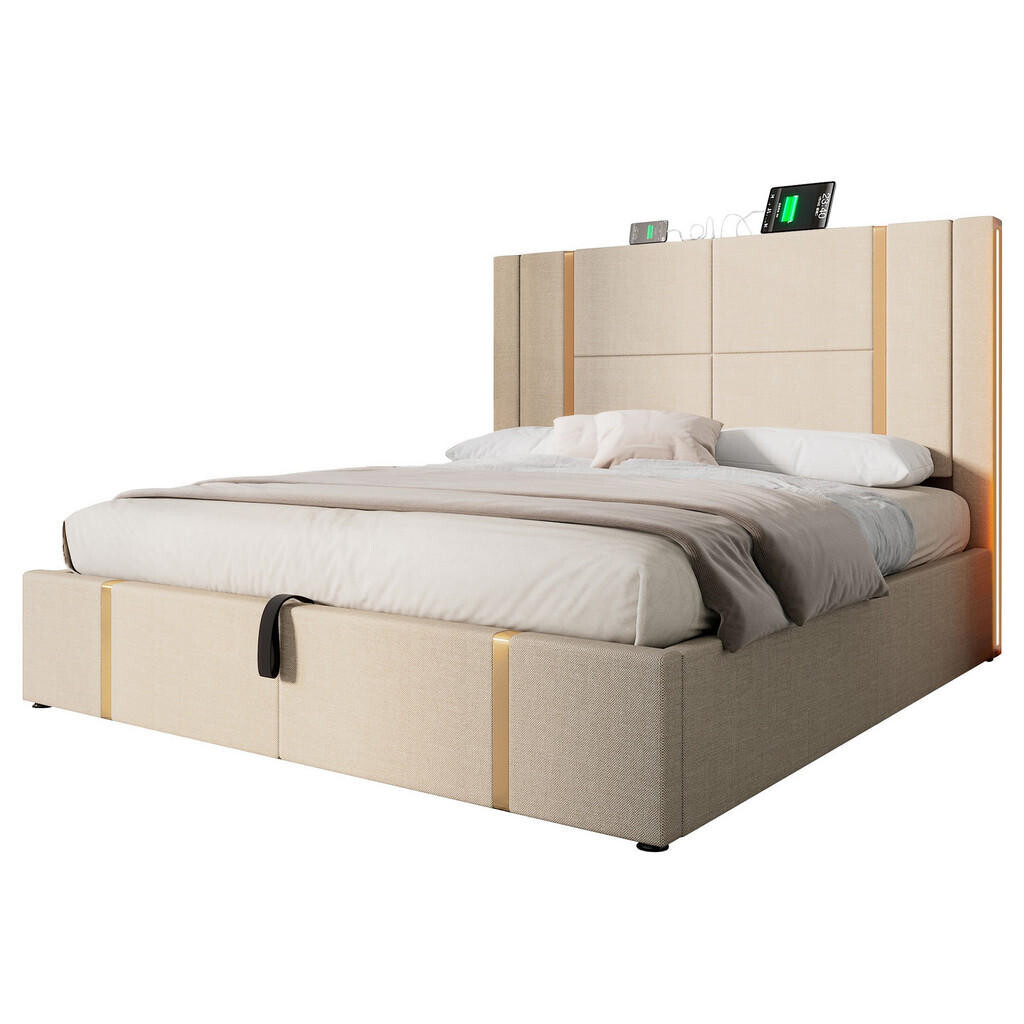 WISHDOR ČALOUNĚNÁ postel 140 × 200 cm v béžové barvě z lnu s úložným prostorem, LED osvětlením, USB a Type-C