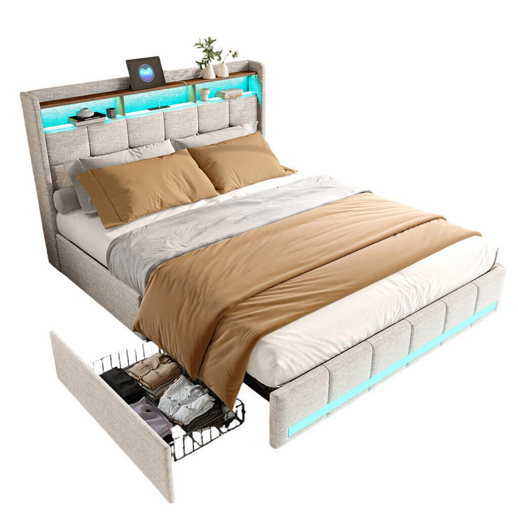 SHOPENTRA ČALOUNĚNÁ postel 180x200 cm béžová látka LED USB Type-C 4 zásuvky
