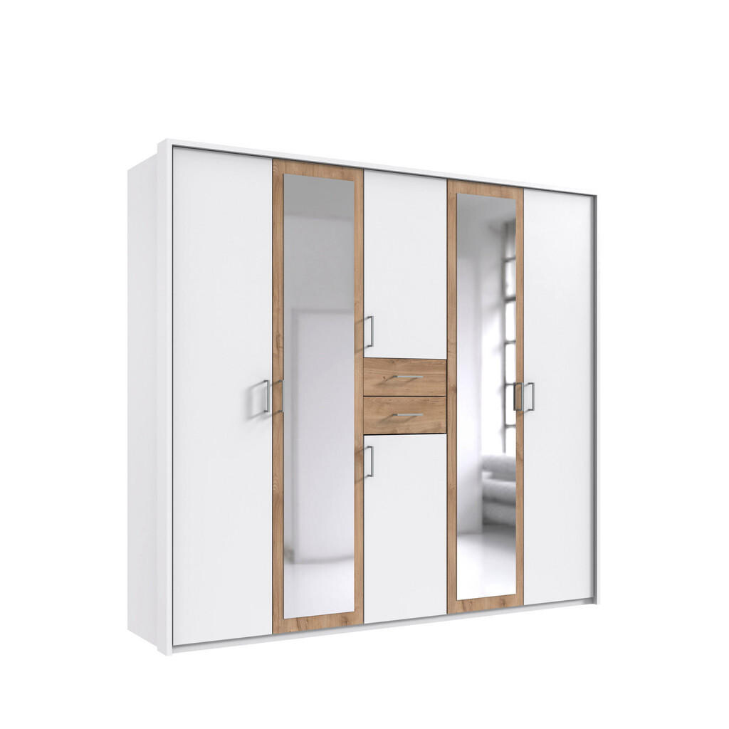 luma-home SKŘÍŇ S OTOČNÝMI DVEŘMI, 228 × 58 × 210 cm (Š×H×V), pasparta, zásuvky, 2 zrcadlové dveře, bílá/dekor dubu / 22599