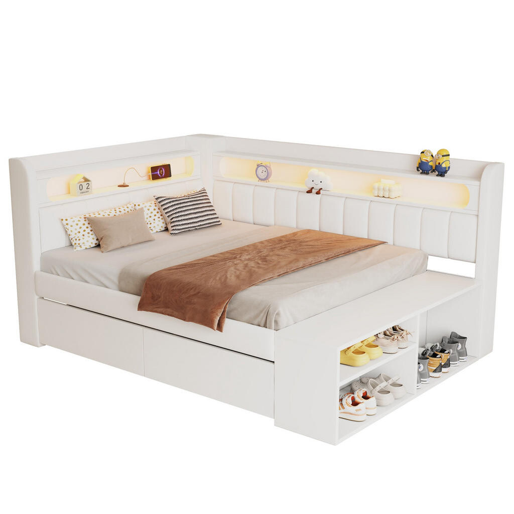 OKWISH ČALOUNĚNÁ postel 90/200 cm bílá z MDF a překližky s LED osvětlením, USB a botníkem