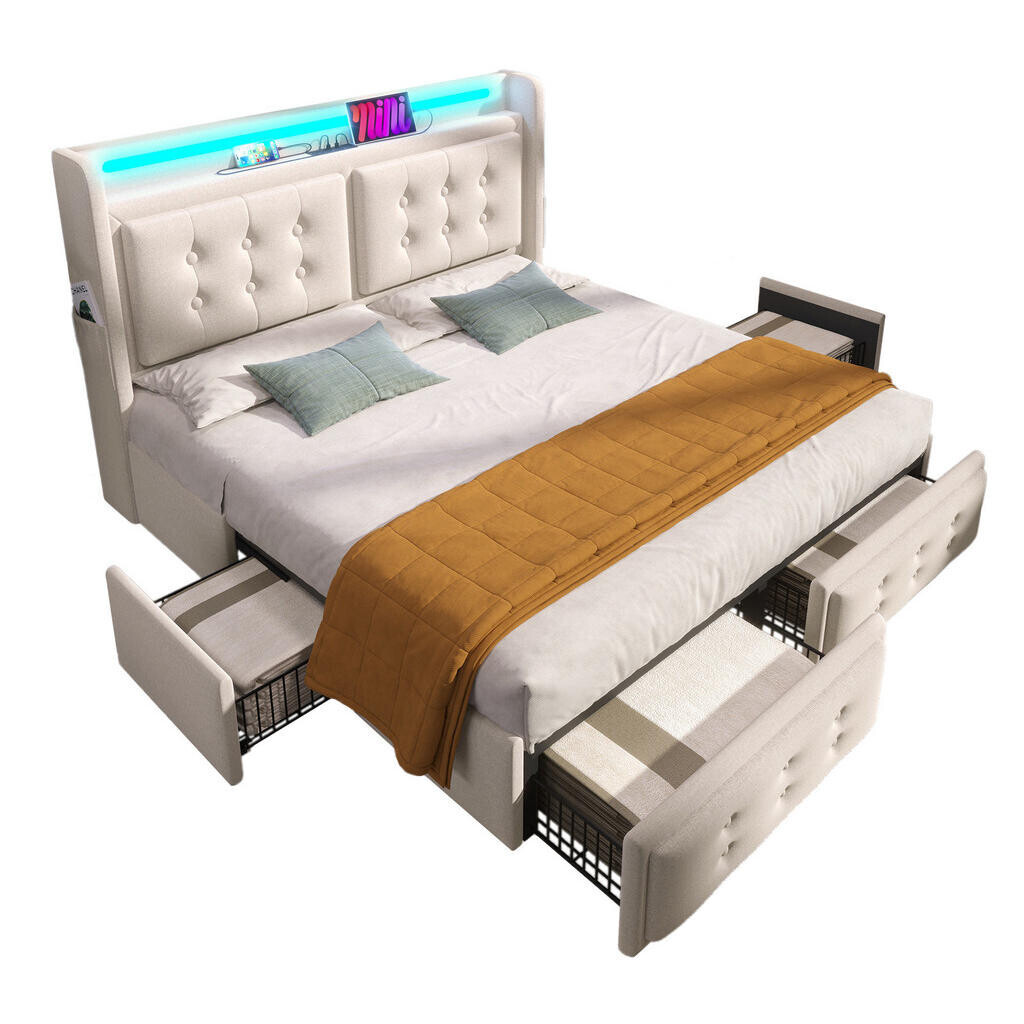 OKWISH ČALOUNĚNÁ postel 140/200 cm béžová z bavlněného lnu s LED, USB-C a 4 zásuvkami