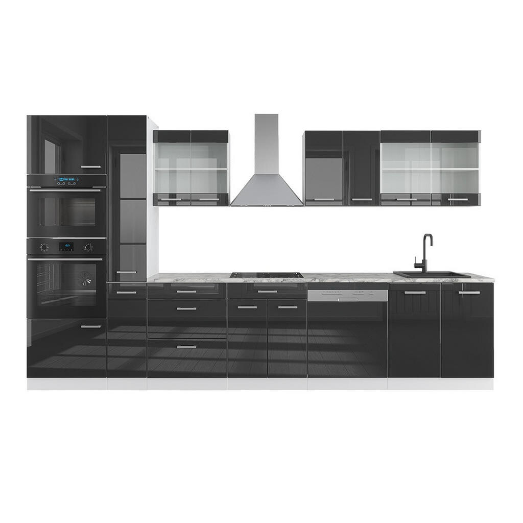 Vicco KUCHYŇSKÝ KOUT R-Line Antracitový vysoký lesk/bílá 350 cm s vysokou skříní, bez pracovní desky