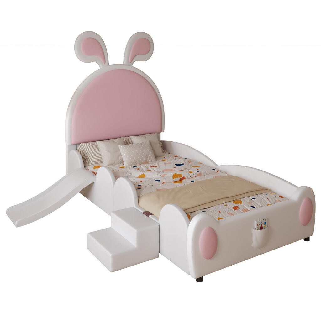 OKWISH ČALOUNĚNÁ dětská postel 90/200 cm bílá a růžová z PU s žebříkem a skluzavkou