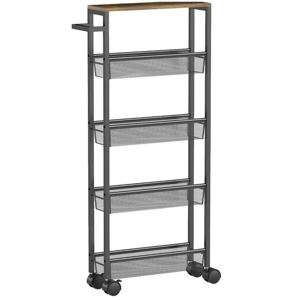 Redom MOBILNÍ kuchyňský ostrůvek na kolečkách 47/13/96,5 cm s pracovní deskou a 5 úrovněmi úložného prostoru, mobilní a úzký, Černá