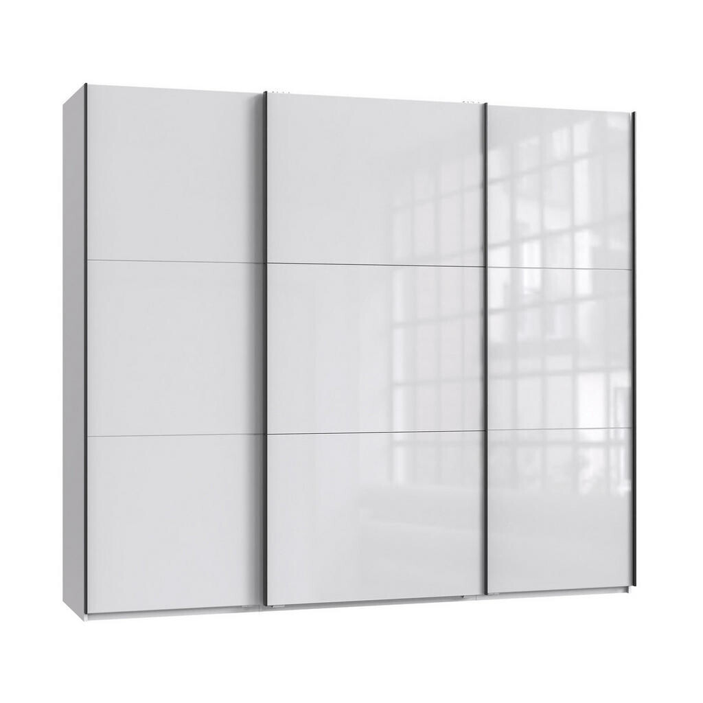 luma-home SKŘÍŇ S POSUVNÝMI DVEŘMI, 3dveřová, šířka 250 cm, výška 216 cm, hloubka 65 cm, bílá barva se skleněnými čely, včetně kompletního vybavení /