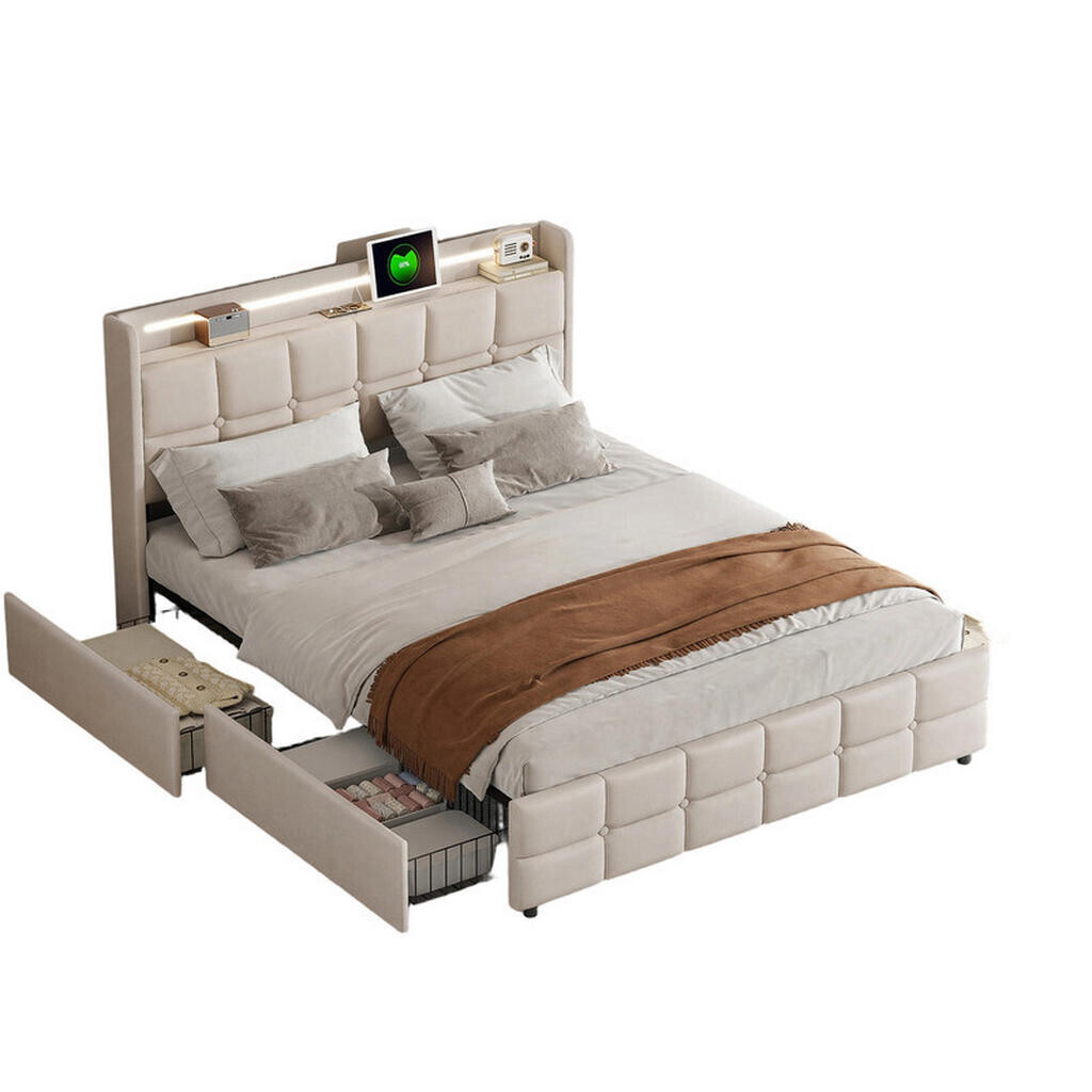 SHOPENTRA MANŽELSKÁ postel 140x190 cm s LED, USB, 4 zásuvkami a lněným potahem