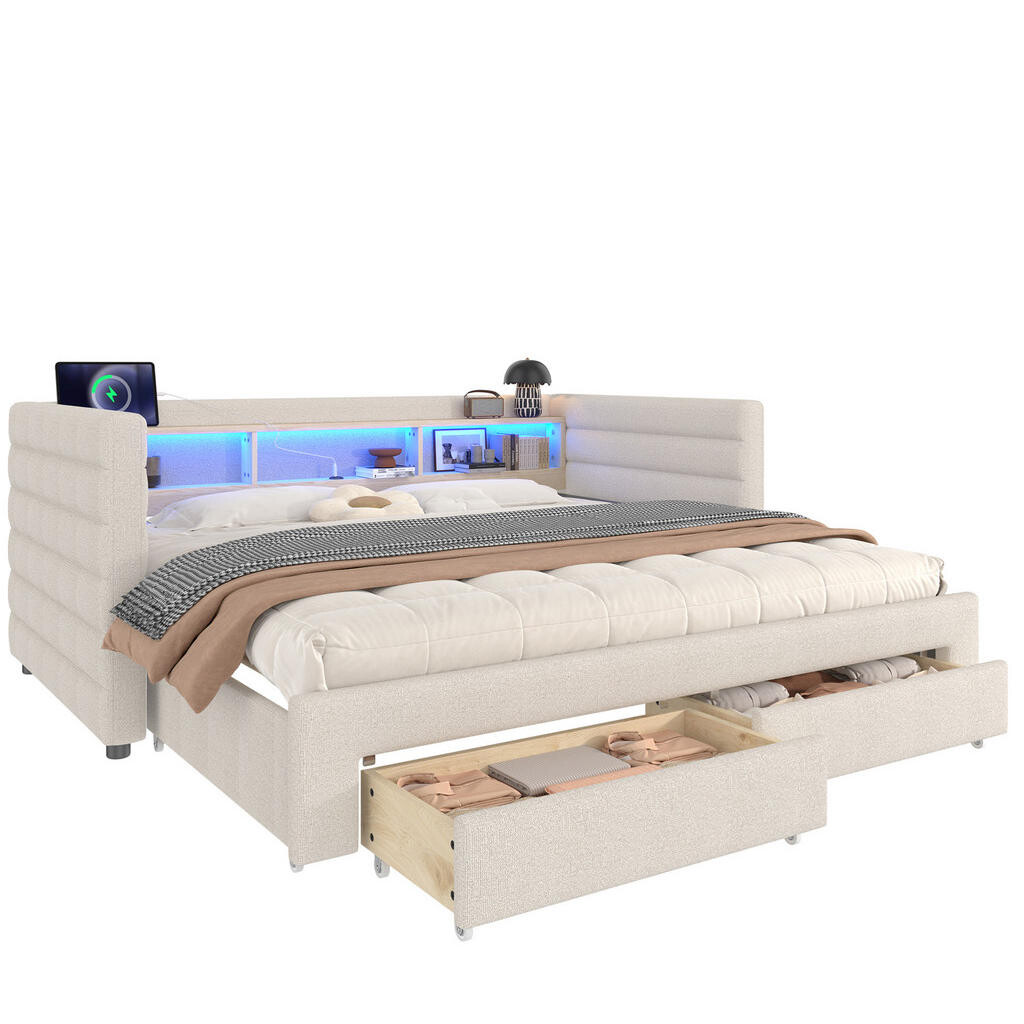 OKWISH DENNÍ postel 90/190 cm béžová ze sametu s výsuvným lůžkem LED a úložným prostorem