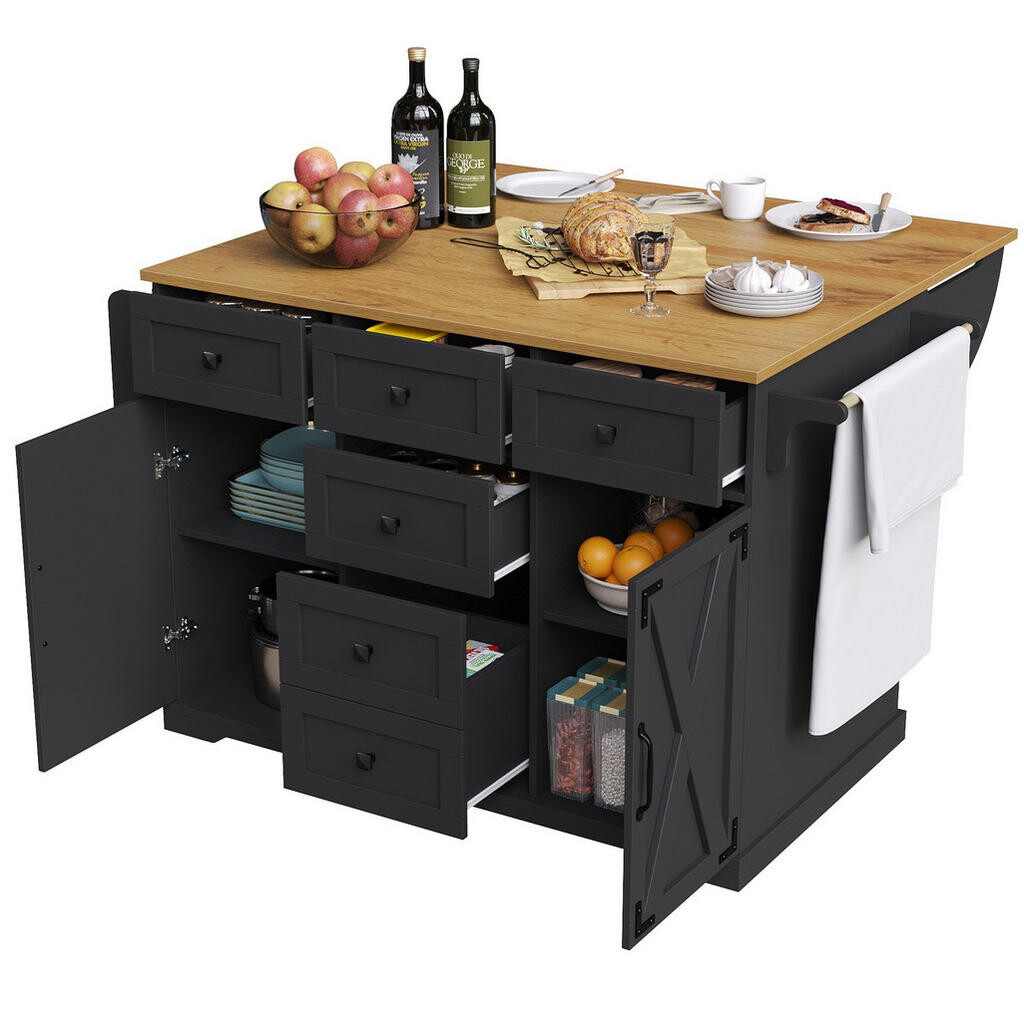 Redom KUCHYŇSKÝ ostrůvek 147/44/93 cm s klopným designem, mobilním úložným prostorem a kovovými detaily, Černá