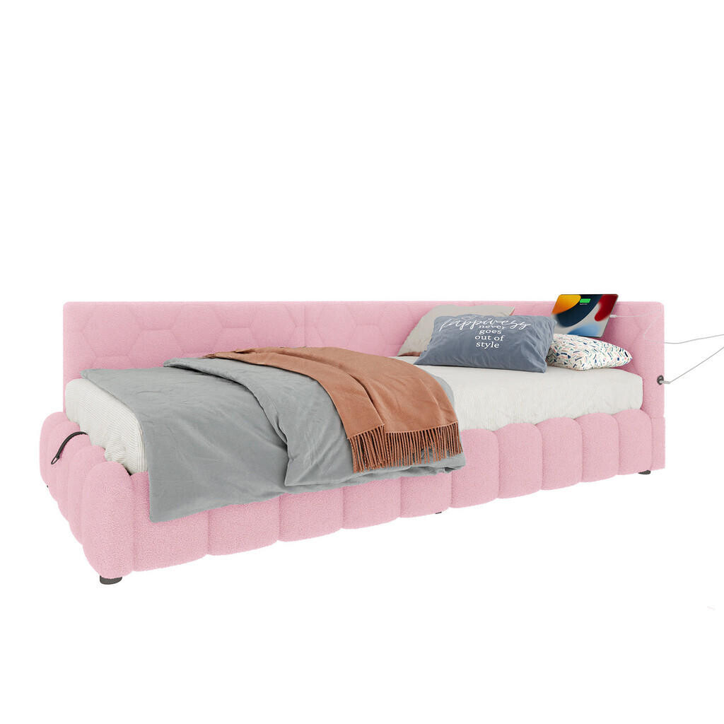 WISHDOR ROZKLÁDACÍ POHOVKA 90/200 cm v růžovém sametu s úložným prostorem, LED osvětlením, USB a Type-C