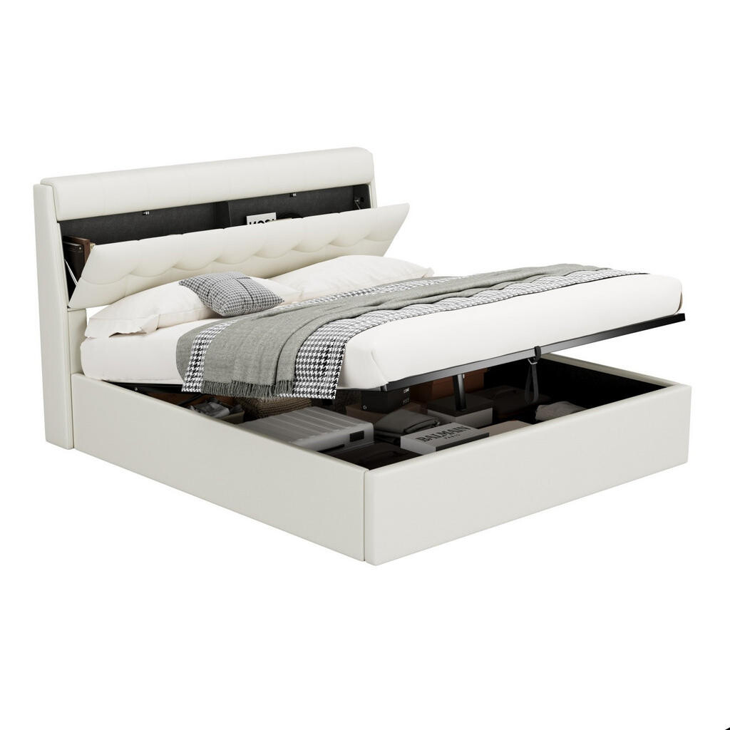 OKWISH ČALOUNĚNÁ postel 160/200 cm bílá z PU s hydraulickým úložným prostorem