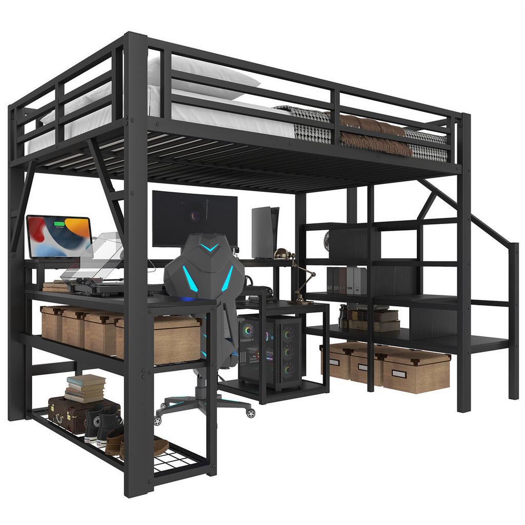Redom VYSOKÁ postel 140/200 cm s LED osvětlením, USB portem, pracovním stolem a úložným prostorem, Černá