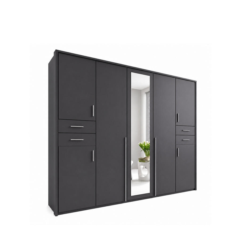 luma-home SKŘÍŇ S OTOČNÝMI DVEŘMI Š228/V210/H58 cm, v grafitové barvě, s paspartou, 1 zrcadlovými dveřmi a zásuvkami / 22571