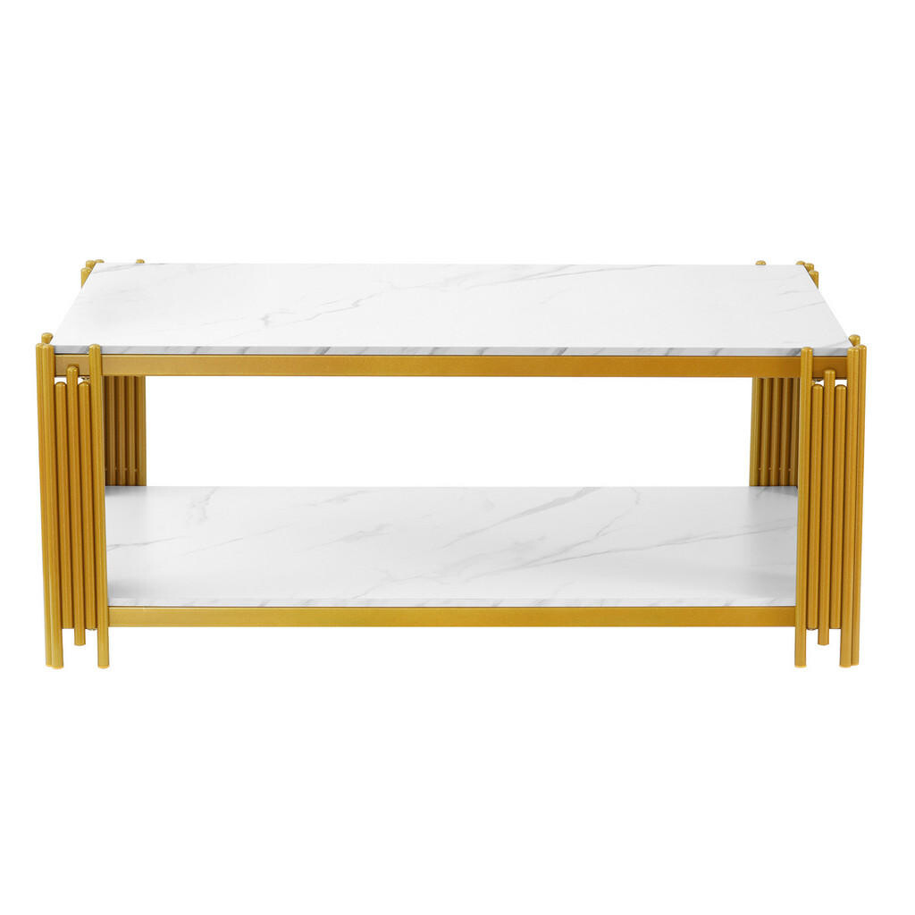 OKWISH KONFERENČNÍ stolek 114/64/46 cm z MDF a kovu zlatý a bílý s mramorovým dekorem a dvěma policemi