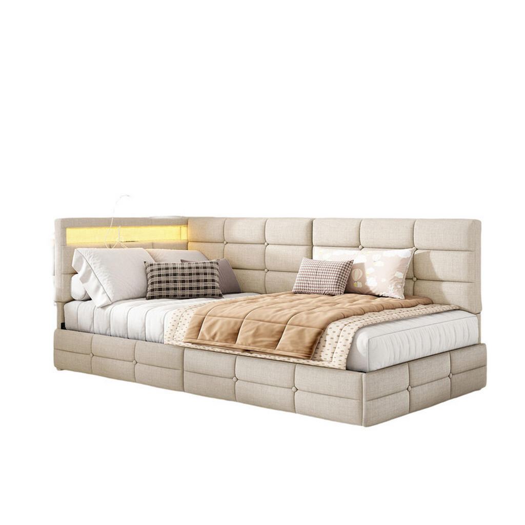 SHOPENTRA ČALOUNĚNÁ postel 140/200 cm béžová, lněná, L-tvar, LED, USB zásuvky