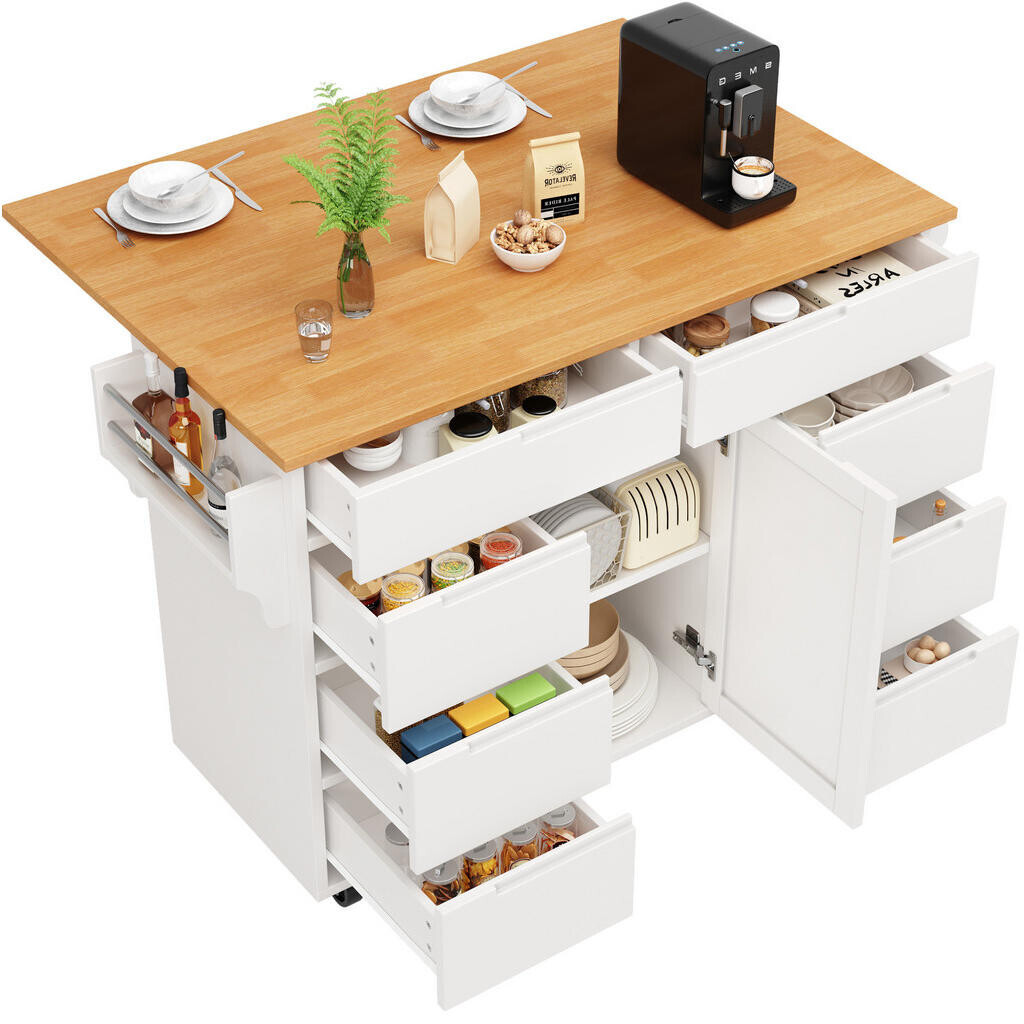 Redom KUCHYŇSKÝ ostrůvek 122/46/91,5 cm z MDF se sklopnou deskou, 8 zásuvkami a kolečky, Bílá