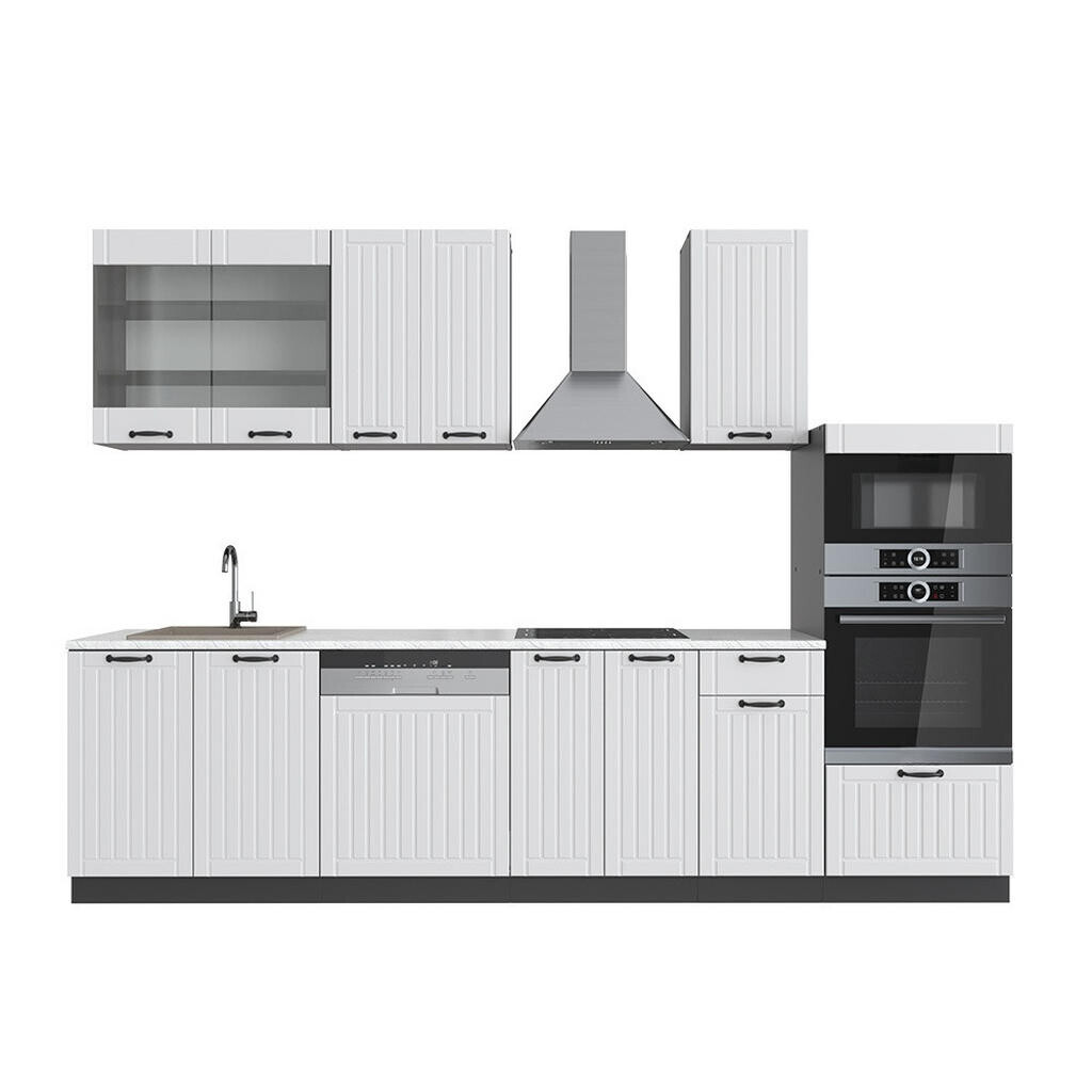 Vicco KUCHYŇSKÝ KOUT Fame-Line Bílý venkovský dům/antracit 300 cm s vysokou skříní, PD Mramor
