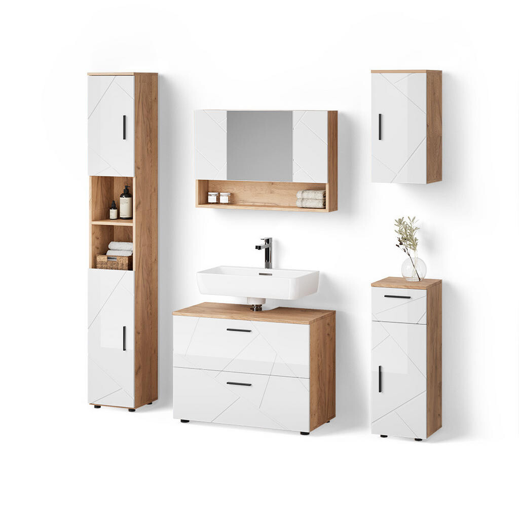 Livinity® KOUPELNOVÝ NÁBYTEK Ronco, Bílá vysoký lesk/Zlatý mocný dub, 5dílná