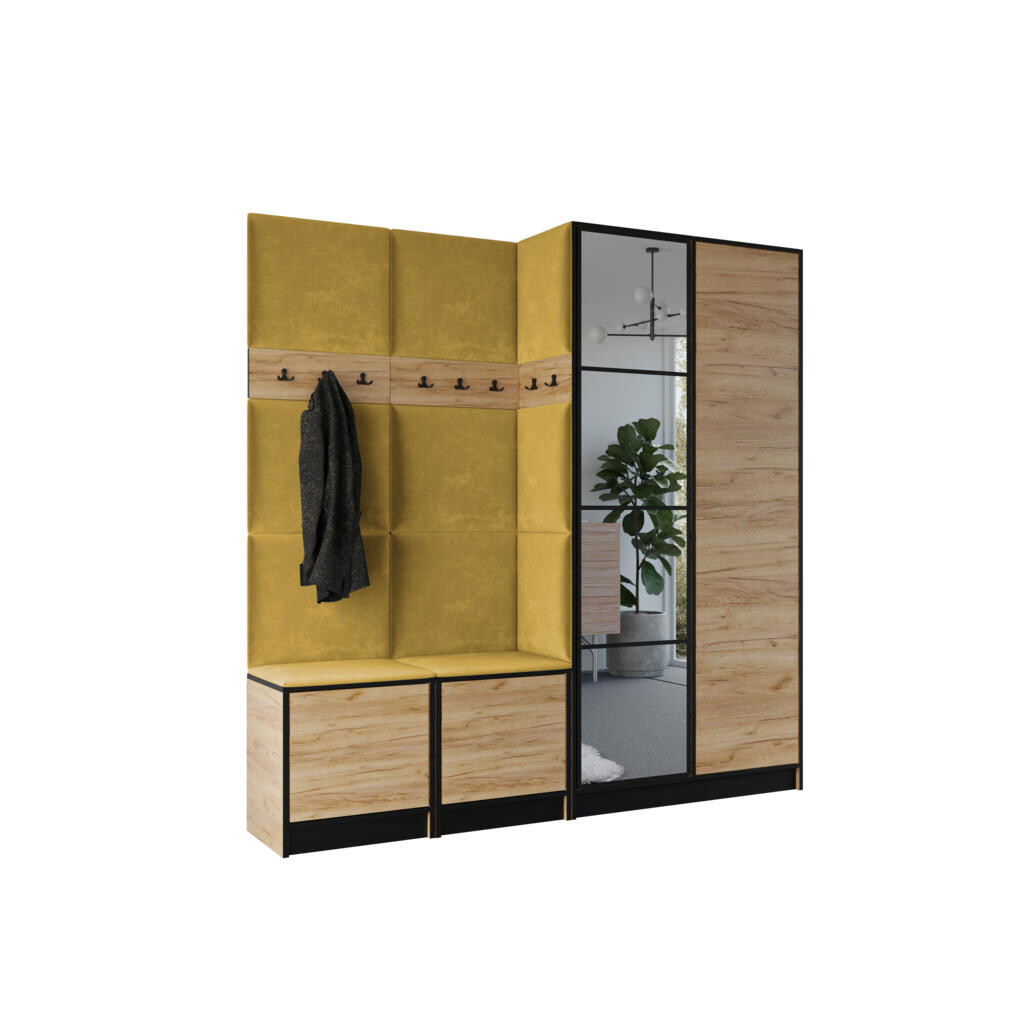 Kier Furniture ŠATNÍ SKŘÍŇ do předsíně EDEN 21 se zrcadlem - Dub Craft & žlutá látka