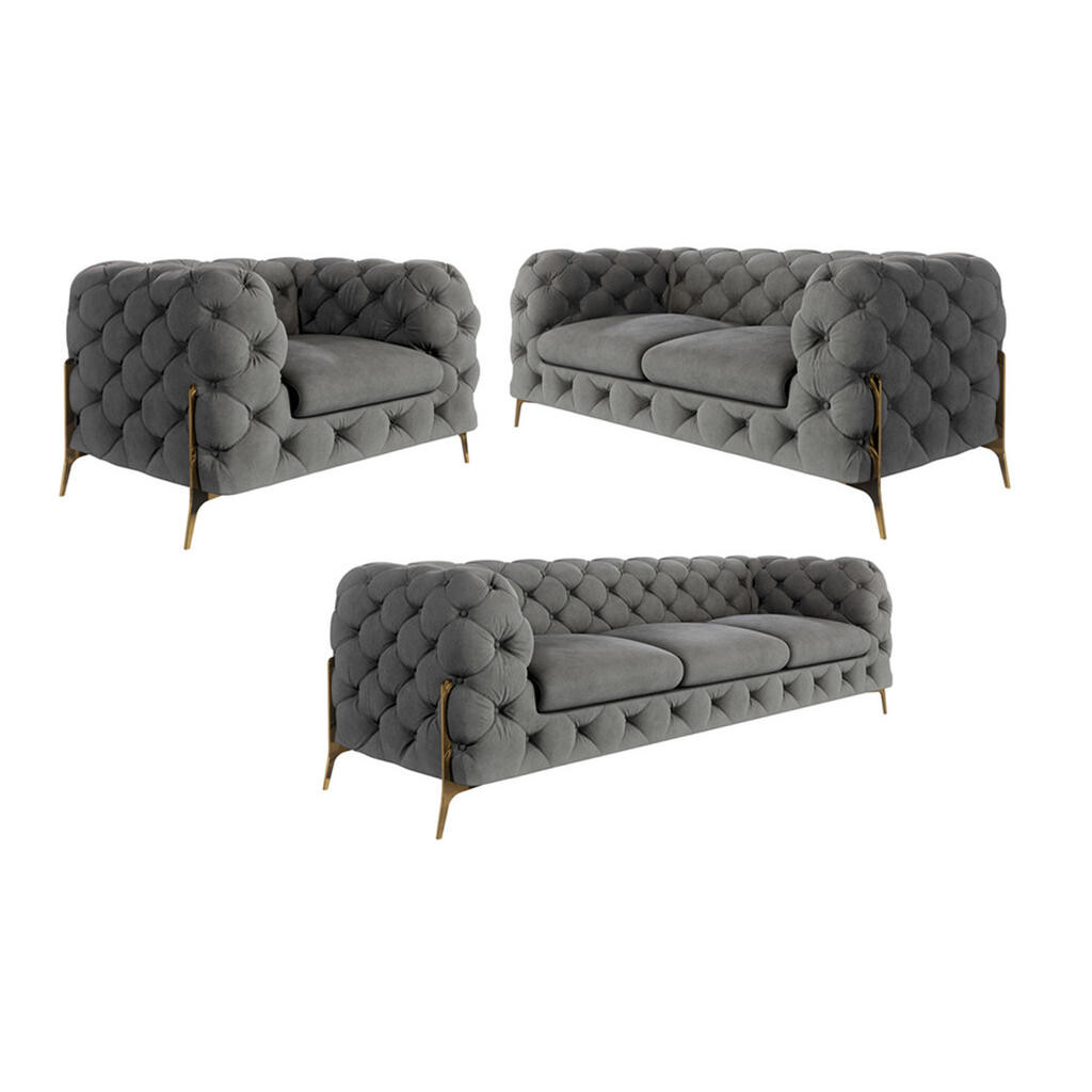 S-Style CHESTERFIELD SEDACÍ SOUPRAVA 3+2+1 Lexi v šedé se zlatými nohami