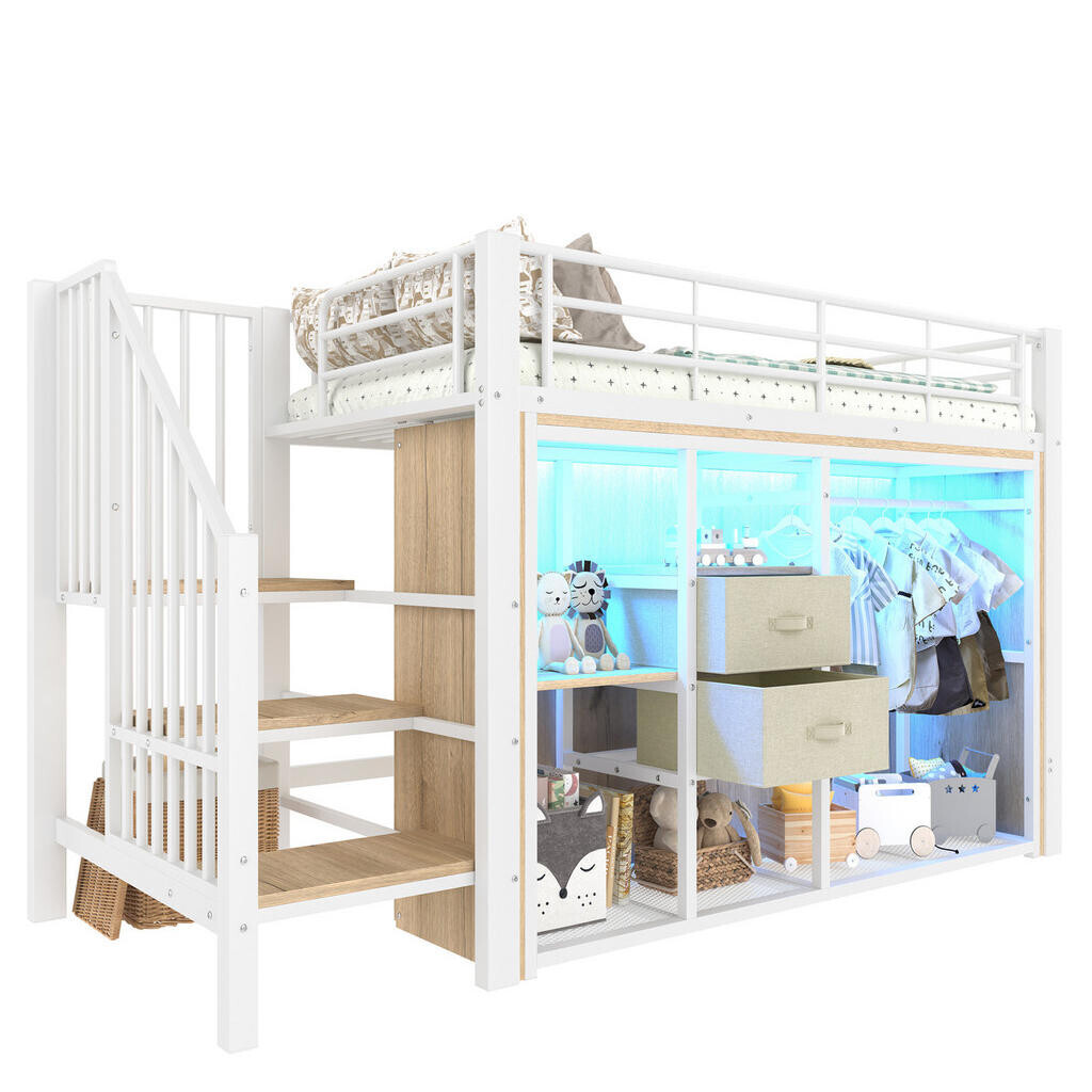 OKWISH POLOVYSOKÁ postel 90/200 cm bílá s LED osvětlením, 2 zásuvkami a otevřeným šatníkem z kovu a MDF