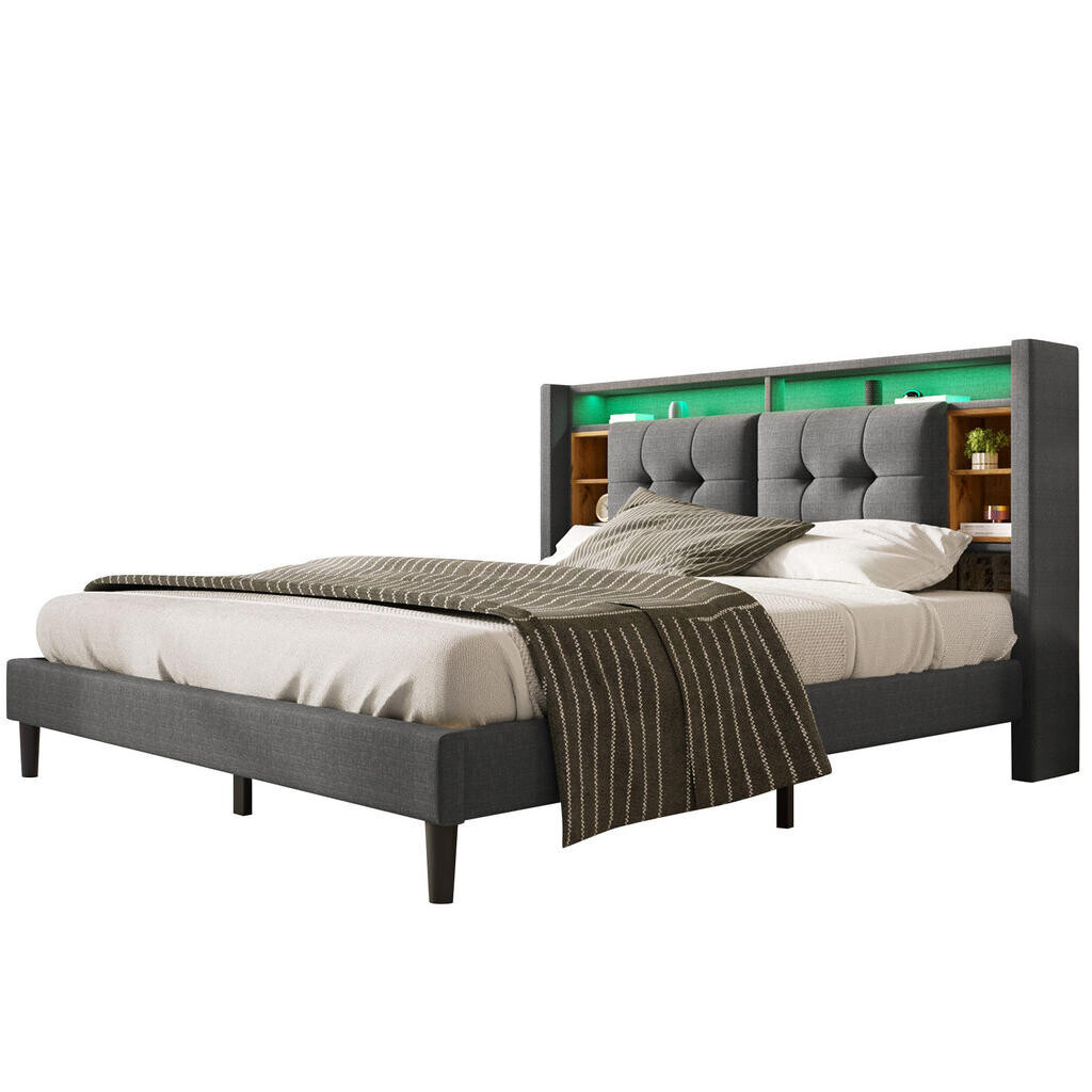 Redom ČALOUNĚNÁ postel 140/200 cm s LED osvětlením, USB a zásuvkami, úložným čelem a lamelovým roštem, Šedá