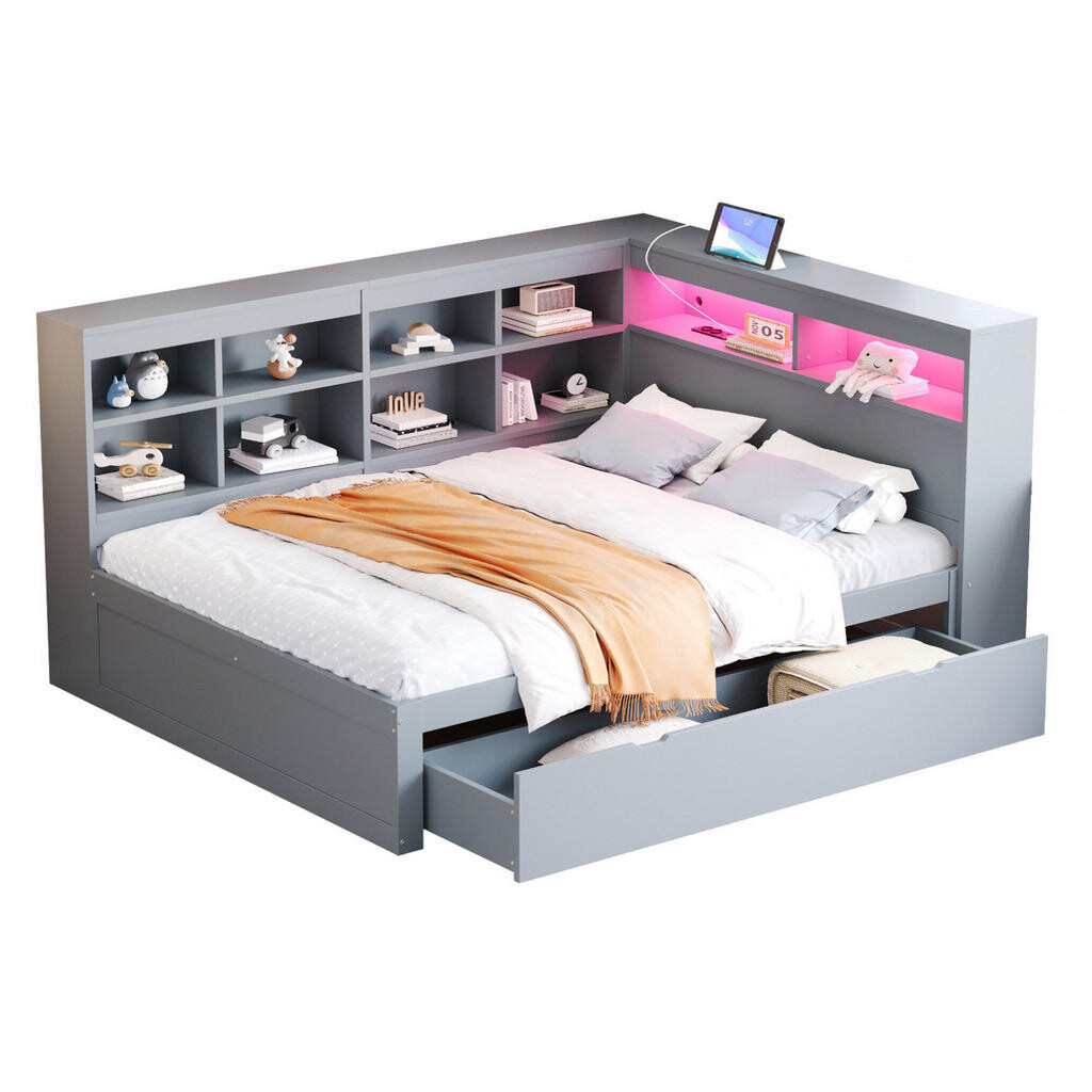 Redom POSTEL 140/200 cm s USB zásuvkou, LED osvětlením a úložným prostorem, Šedá