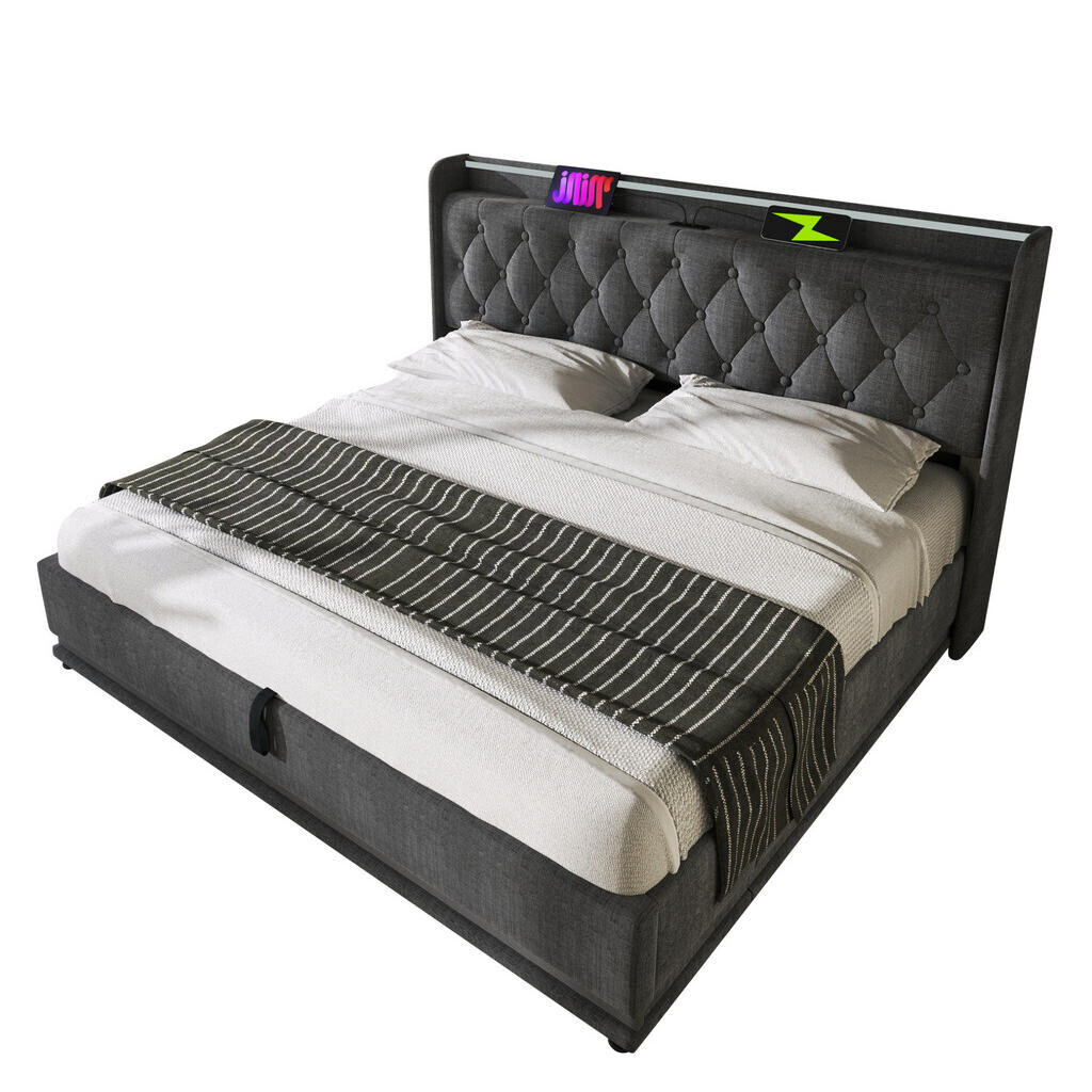 Redom ČALOUNĚNÁ postel 140/200 cm s LED osvětlením, USB a hydraulickým úložným prostorem, Šedá