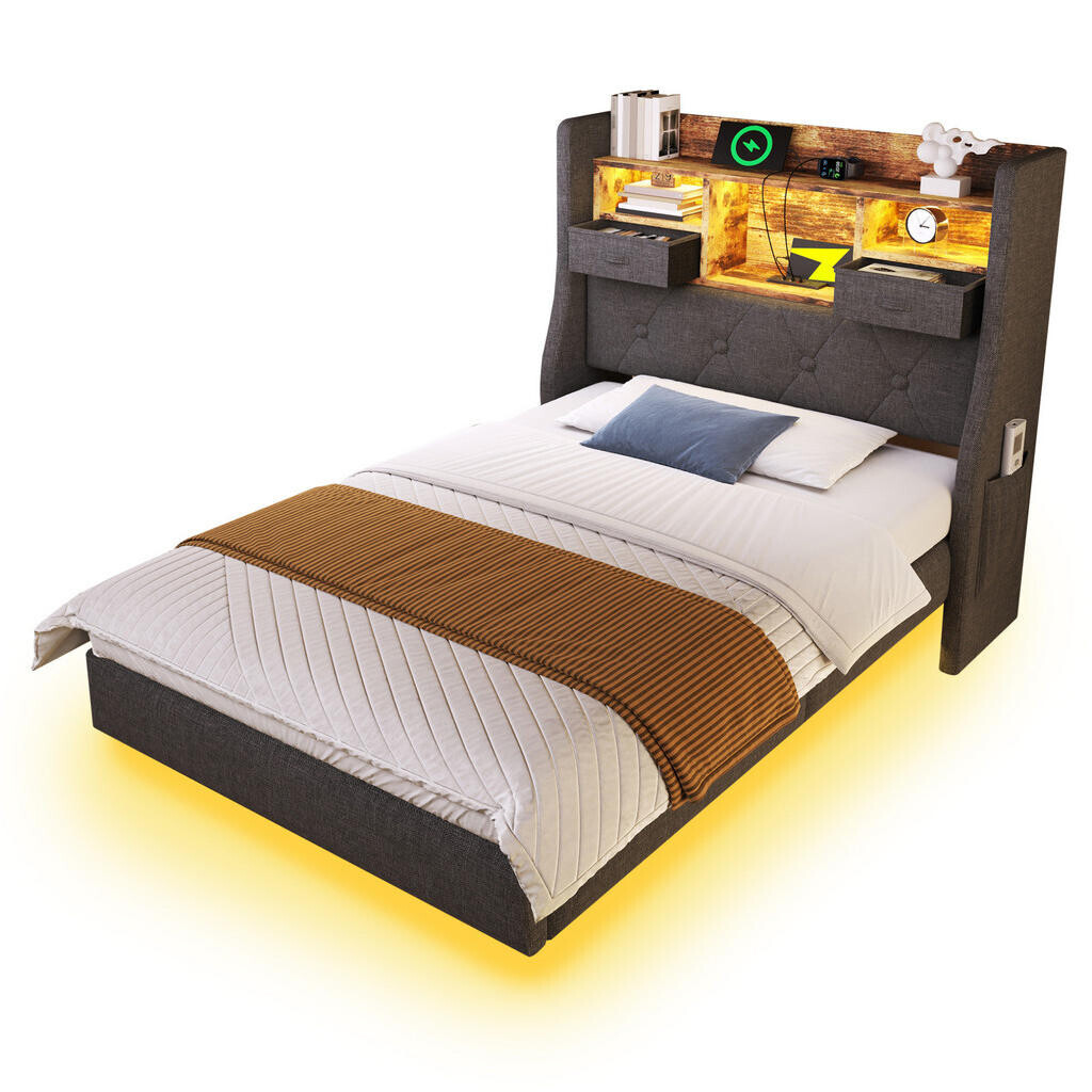 Redom ČALOUNĚNÁ postel 90/200 cm s LED osvětlením, USB a Type-C nabíjením, úložným čelem, Šedá