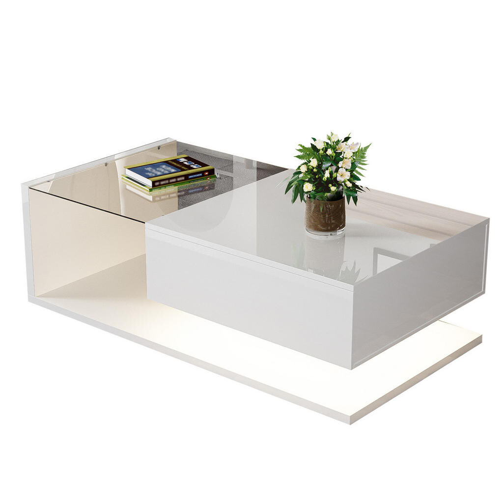 Redom KONFERENČNÍ stolek 105/55/32,5 cm s LED osvětlením, odkládacím prostorem a skleněnou deskou, Bílá