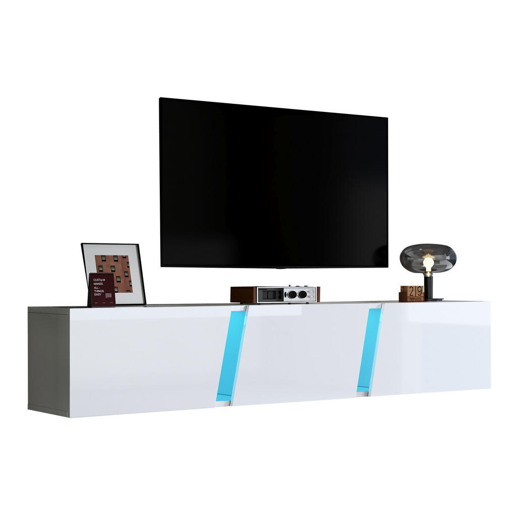 OKWISH NÁSTĚNNÝ TV stolek 180/35/30 cm bílý z dřevotřísky s LED osvětlením a 3 dvířky