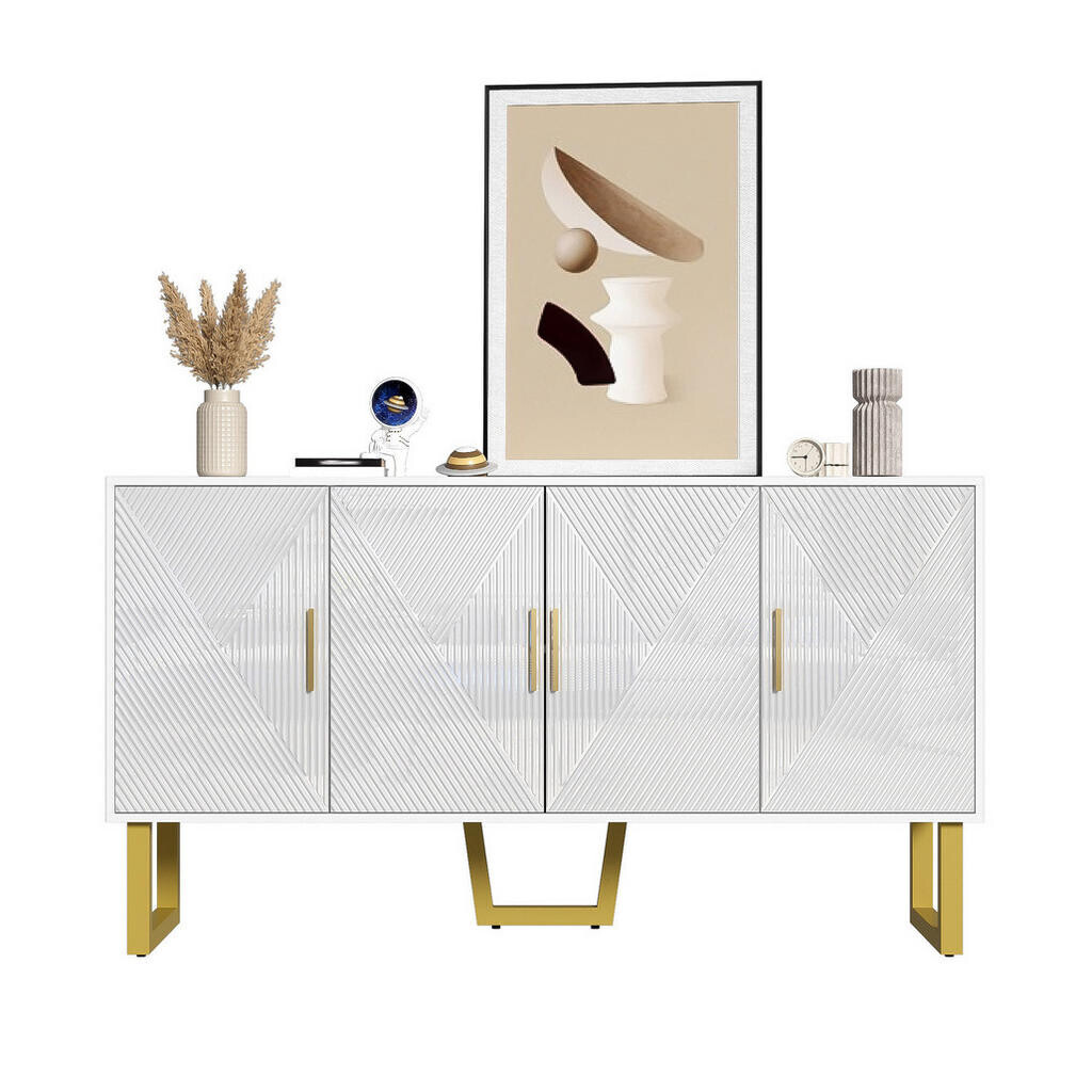OKWISH BOČNÍ skříň 150/40/82 cm bílá z MDF a dřevotřísky s lesklými dvířky a zlatými úchyty