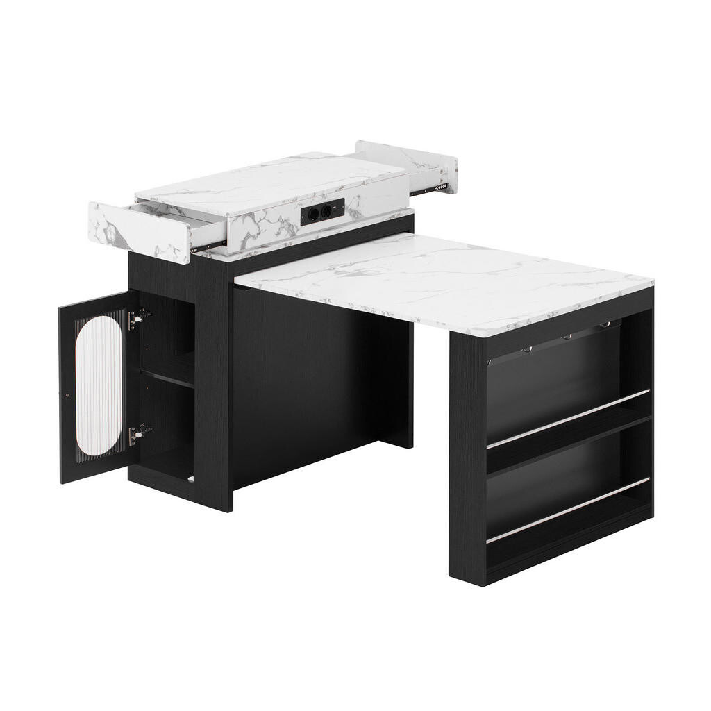 Redom KUCHYŇSKÝ ostrůvek 83/46–146,5/96 cm s výsuvnou deskou, úložným prostorem a zásuvkami, MDF a sklo, Černá
